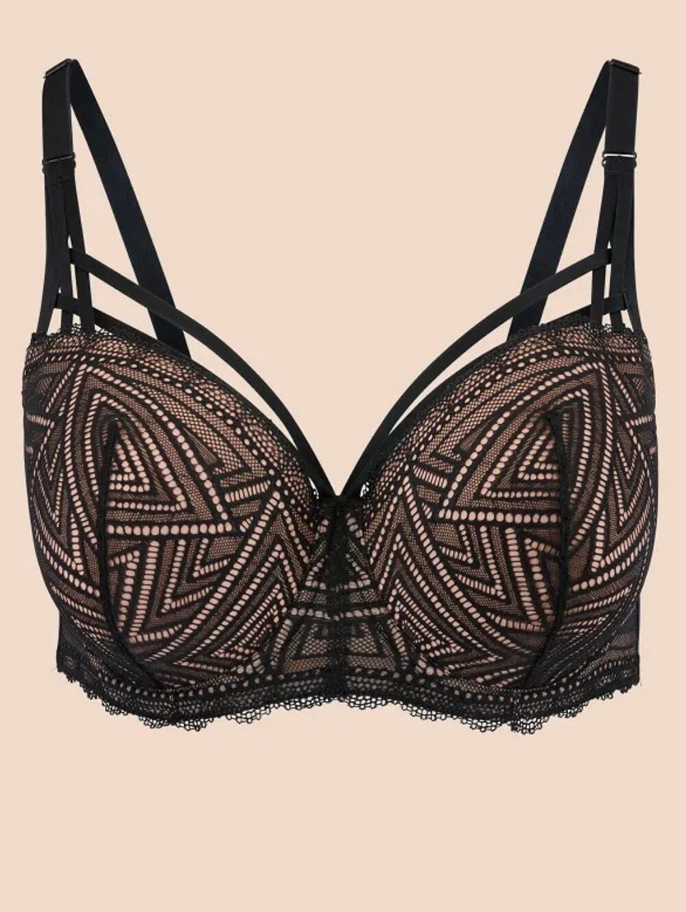 Adore Me Trezza 42DD Black Nude Geometric Lace Strappy Balconette Bra